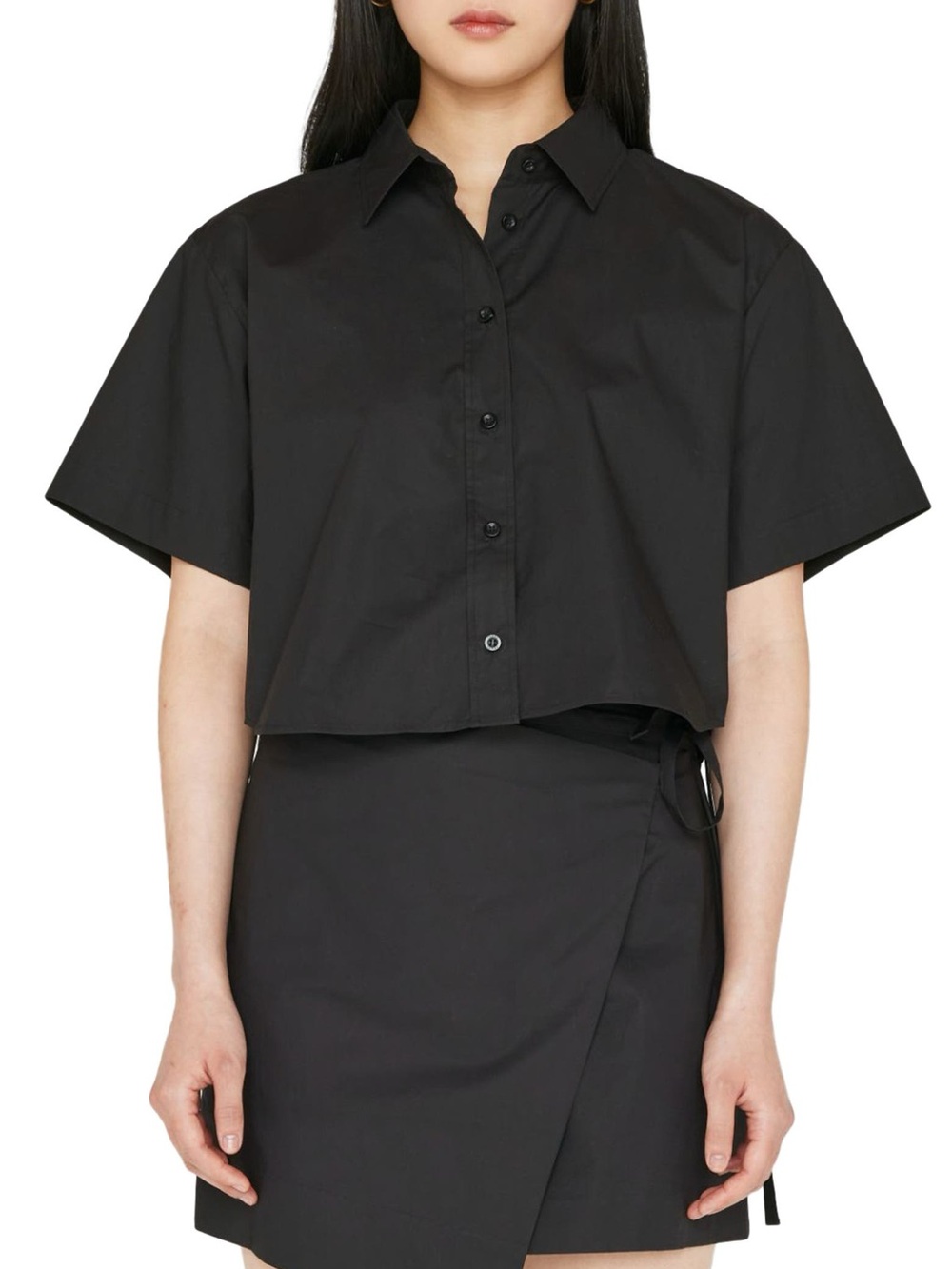 FRAME Denim Black Cropped Button Down Shirt Short Sleeve Poplin XS